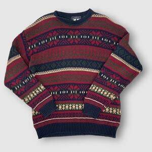Vintage Woods & Gray Fair Isle Sweater Knit Crewneck Cotton Ramie Size XL